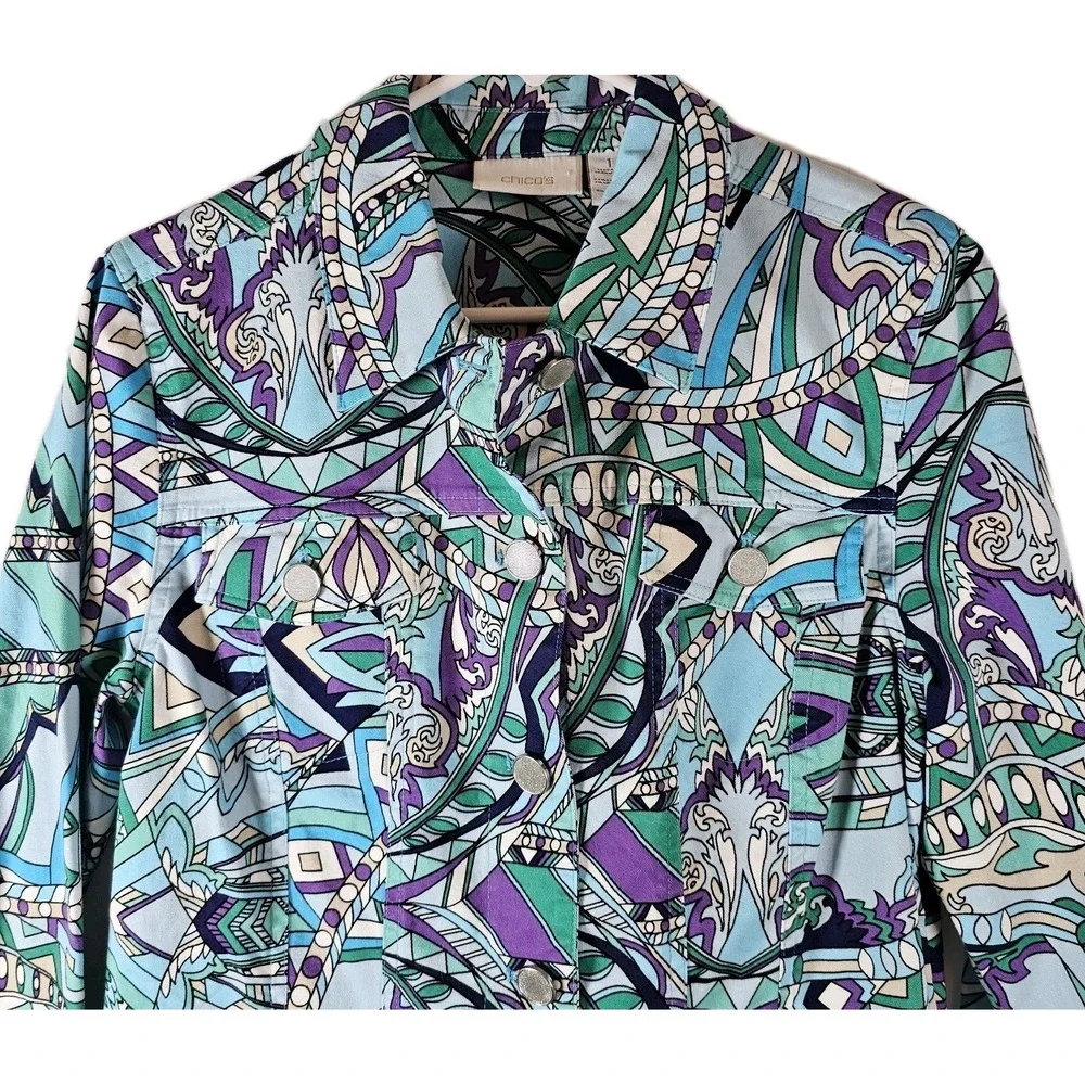 Chicos Jacket Womens Size 1 Med 8/10 Blue Hannalee Graphic Print Long Sleeve EUC